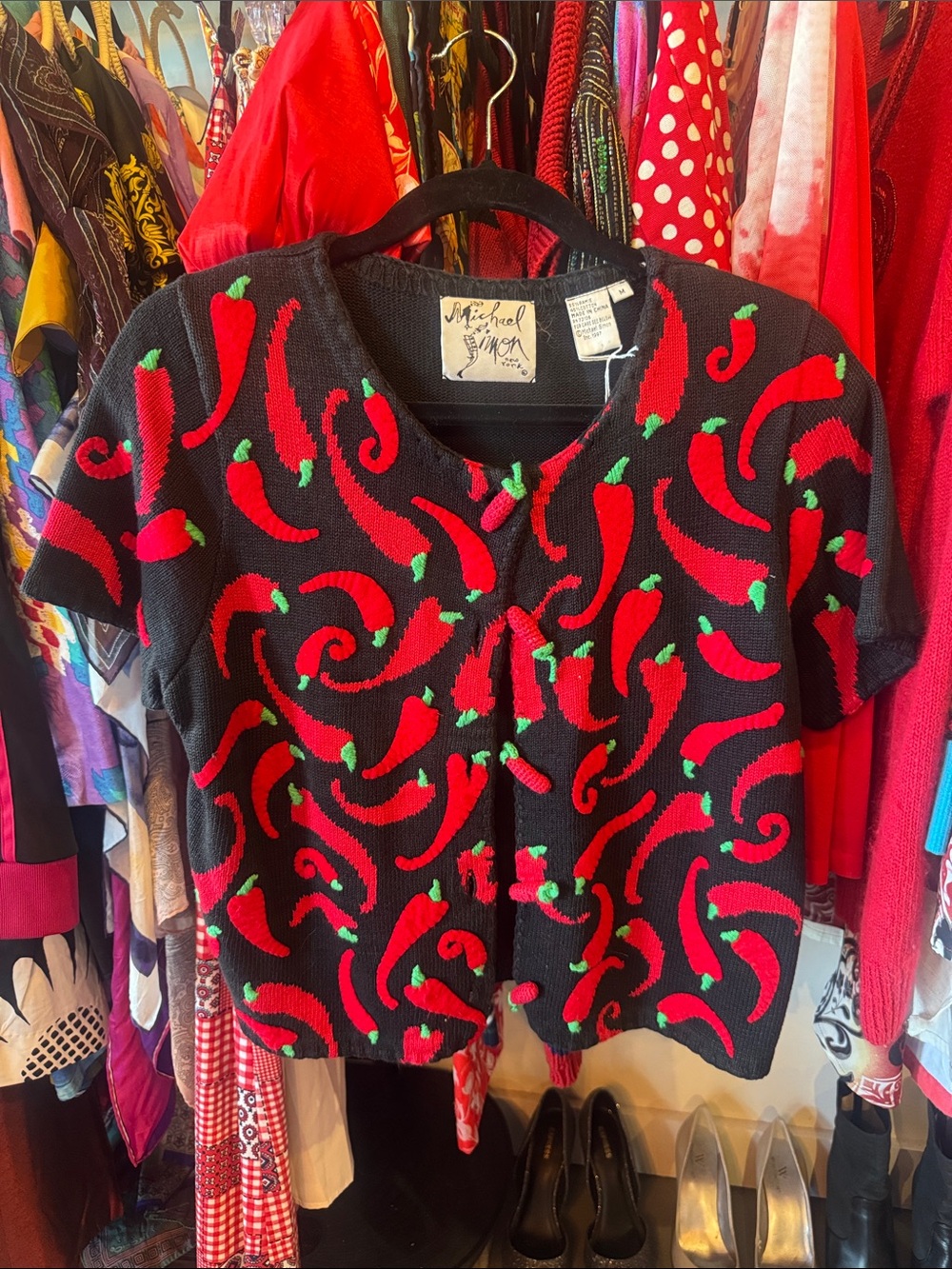 Michael Simon Black Cardigan with Red Chili Pattern